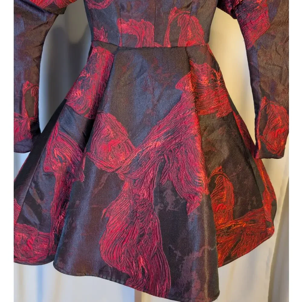 Vintage 80s Issabeau Girls Brocade Party Coat Dress Red Black Jacquard Fit Flare